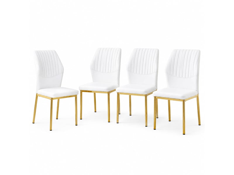  Lot de 4 chaises de salle à manger avec dossier côtelé  - assise rembourrée, pu et métal blanc et doré  - Conforama A