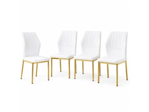 Lot de 4 chaises de salle à manger avec dossier côtelé  - assise rembourrée, pu et métal blanc et doré