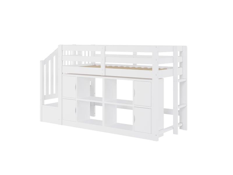  Lit mezzanine 90x200 cm avec rangements, escalier et led, blanc, sans matelas  - Conforama D