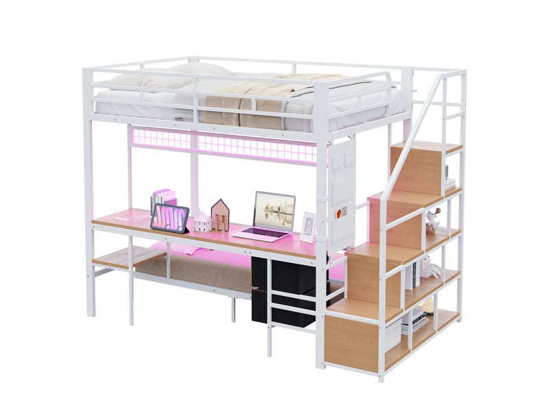  Lit superposé 140x200 cm avec lit 90x200 cm - bureau led, prises, rangements et tiroirs en tissu, blanc  - Conforama A
