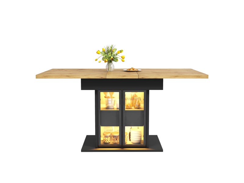 Table à manger extensible 110-140 x 80 cm avec rangement, led rgb via application, 2 tiroirs, portes coulissantes vitrées, structure noire - Conforama A