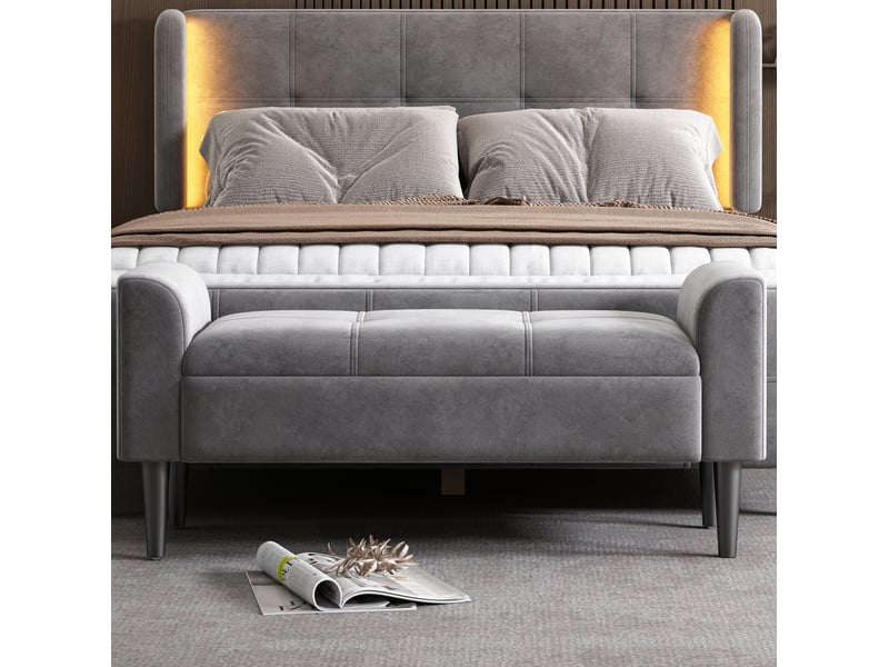  Banc de lit 116x44x56 cm avec accoudoirs, style polyvalent, motif matelassé, mdf, velours, pour salon et chambre, gris  - Conforama B