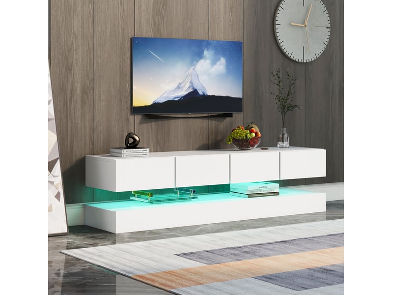  Meuble tv mural led blanc 130 x 33 x 15 cm avec 4 tiroirs  - Conforama C