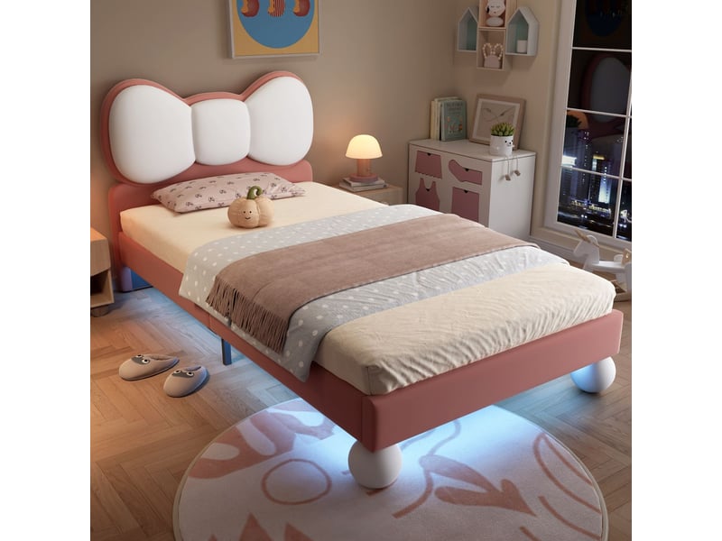  Lit rembourré 90x200cm en velours beige et rose - lit enfant - tête de lit papillon, led réglable, sommier à lattes inclus  - Conforama A