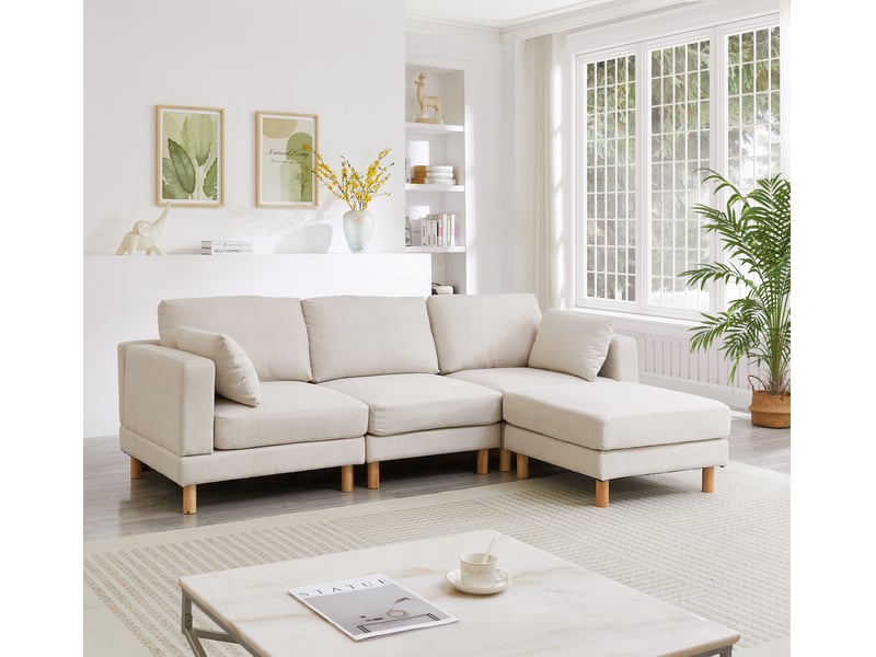 Canapé d'angle 3 places scandinave beige avec pouf 235x152x78 cm - tissu polyester et pieds en bois massif - Conforama D