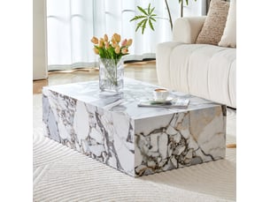Table basse rectangulaire 90x50x30 cm – blanc – mdf avec placage marbre, structure monobloc sans montage