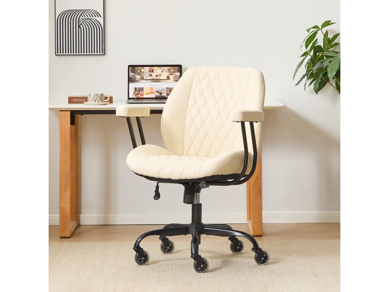  Fauteuil de bureau crème en cuir, réglable en hauteur, avec roulettes et accoudoirs amovibles  - Conforama B