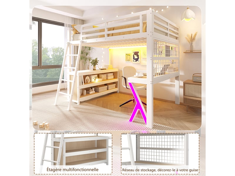  Lit mezzanine 140 x 200 cm en métal blanc avec bureau, armoire de rangement, panneau grillagé et éclairage led intégré  - Conforama D