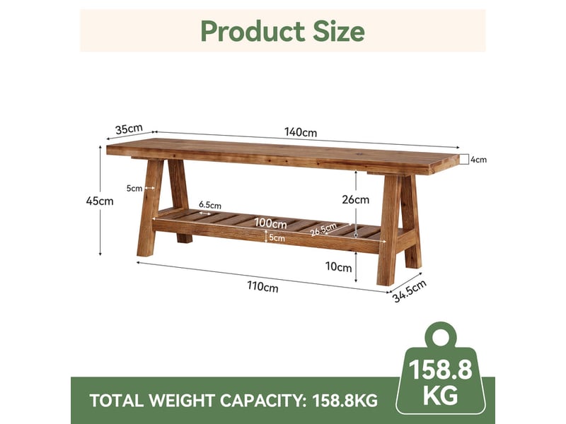  Banc en bois massif 140 cm avec étagère, banc d'entrée style maison de campagne pour 2 à 3 personnes  - Conforama C