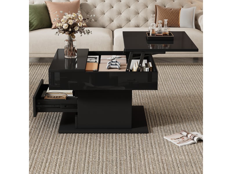Table basse relevable carrée noir - 70x70 cm panneau de particules table basse noir - Conforama B