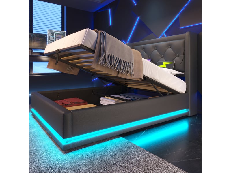  Modenvie lit coffre 90x200 cm - rangement hydraulique, led 3 côtés, avec matelas - noir  - Conforama D