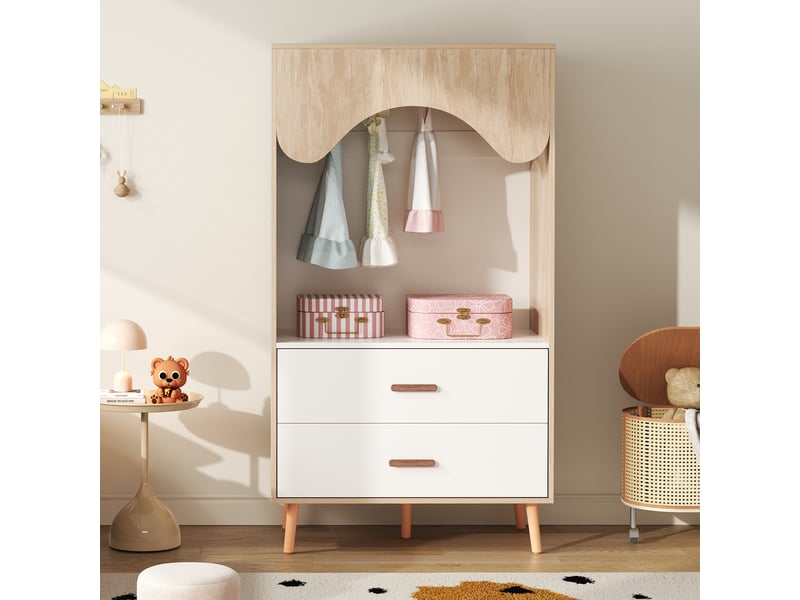  Armoire enfant 80x46x141,5 cm - penderie ouverte, 2 tiroirs, poignées en bois, blanc et bois naturel  - Conforama B