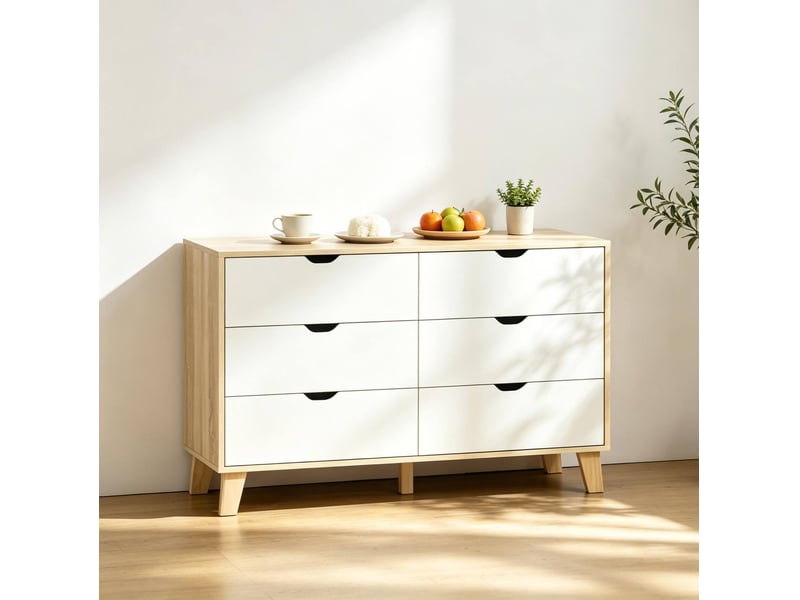  Commode 6 tiroirs 120x40x76 cm, style scandinave, anti-basculement, panneaux de particules, blanc et chêne  - Conforama B