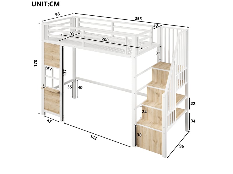  Lit mezzanine enfant 90x200 cm avec escalier de rangement blanc  - Conforama C