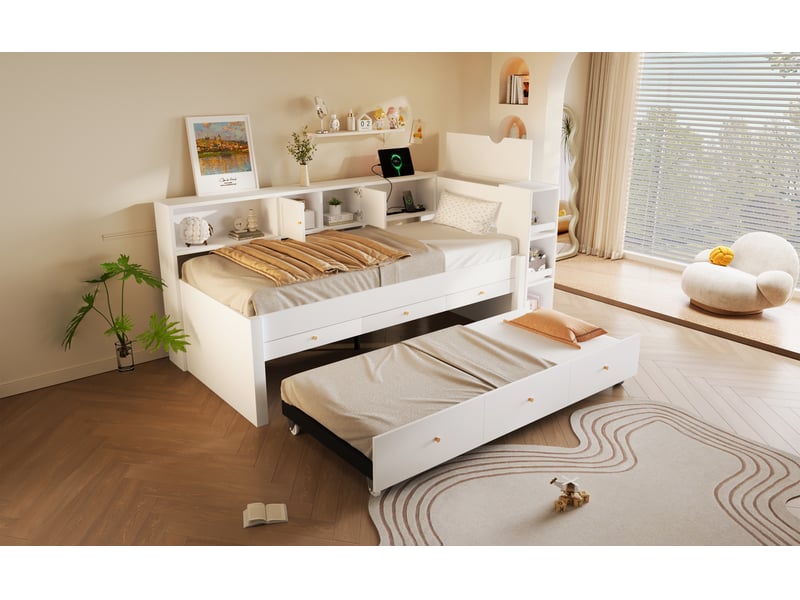  Lit gigogne, 90x200 cm, avec 3 tiroirs, usb, rangement, bois, blanc, sans matelas  - Conforama B
