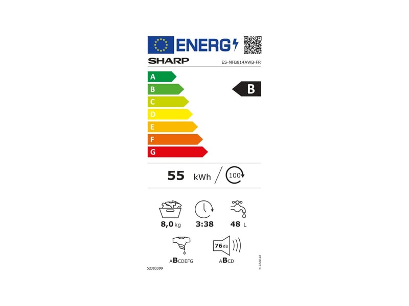Sharp - lave-linge frontal 8kg 1400 toursmin es-nfb814awb - ES-NFB814AWB - Conforama B