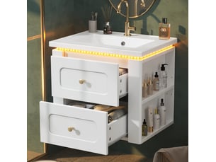 Meuble sous vasque avec 2 tiroirs, niche réglable, led et vasque en céramique pour salle de bain blanc 61 × 47 × 50 cm