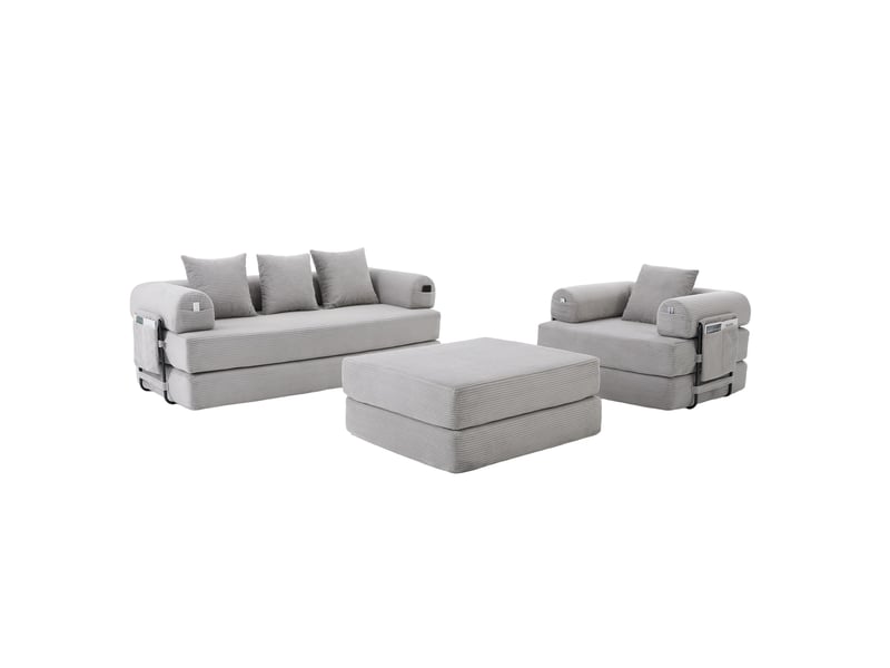  Canapé modulable 4 places modenvie avec fauteuil et pouf en velours côtelé gris clair 200 x 190 x 67 cm  - Conforama A