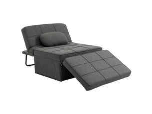 Fauteuil chauffeuse chaise longue pouf 3 en 1 dossier inclinable 5 niveaux repose-pied rabattable châssis métal noir lin gris