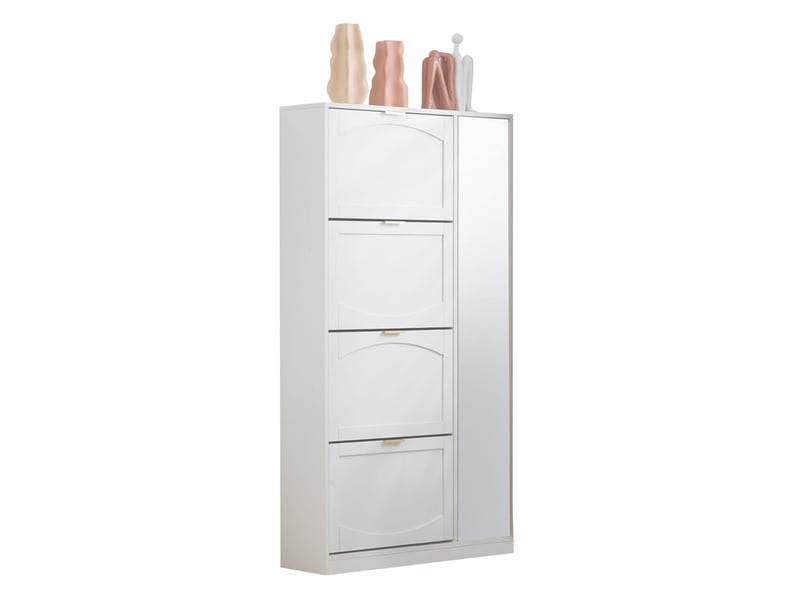  Meuble à chaussures ulevr avec miroir, 4 compartiments abattants, étagères réglables, 80 x 147 x 24 cm, blanc, panneaux de particules  - Conforama A