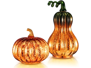 Lot de 2 décorations citrouille en verre avec led, citrouilles dorées effet verre mercure à piles, figurines lumineuses pour décoration d’automne et thanksgiving
