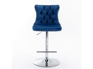 Lot de 2 tabourets de bar pivotants en velours bleu, dossier capitonné, piètement chromé, réglables