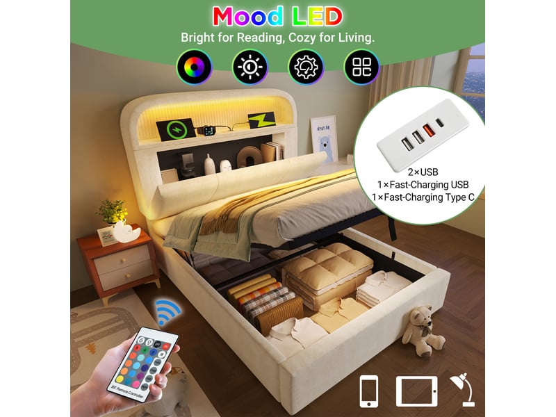  Lit enfant 90x200 cm – beige – coffre hydraulique, tête de lit réglable, led et matelas inclus  - Conforama E