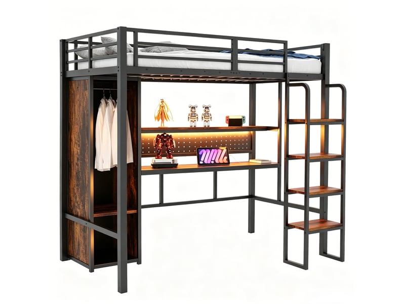 Lit mezzanine enfant 90x200 cm – noir – bureau, armoire, étagères et led multicolore - sans matelas - Conforama A