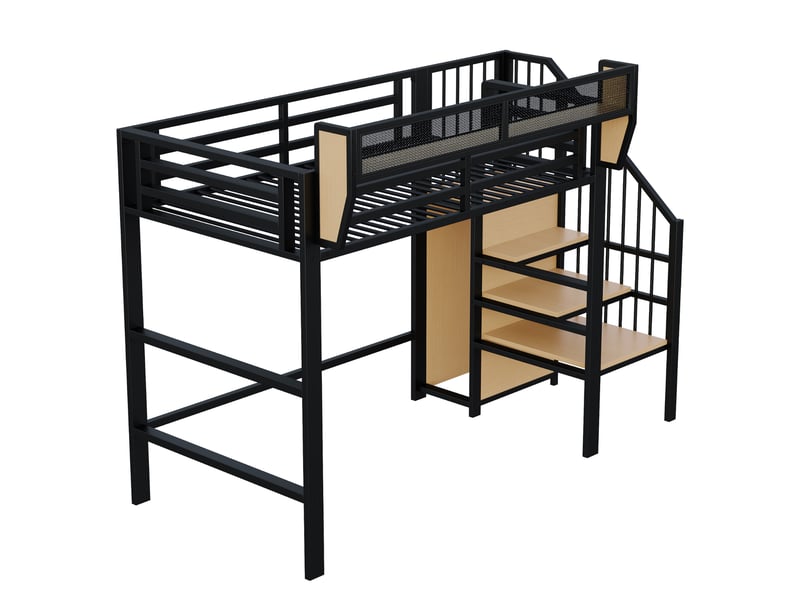  Lit mezzanine 90x200 avec échelle de sécurité et compartiment de rangement modulable, lit en métal, lit adulte, lit superposé enfant, noir  - Conforama E