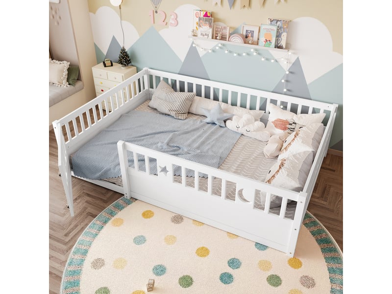 Lit enfant 140x190, lit avec barrière de sécurité en bois de pin, cadre avec décoration étoile et lune, blanc, sans matelas - Conforama B