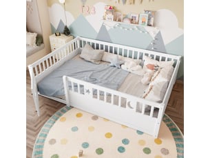 Lit enfant 140x190, lit avec barrière de sécurité en bois de pin, cadre avec décoration étoile et lune, blanc, sans matelas