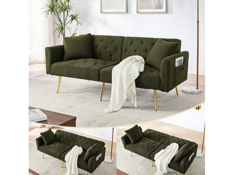  Canapé 2 places convertible 177x74x78 cm, 2 coussins, dossier inclinable 3 positions, teddy, pieds métal, vert  - Conforama E