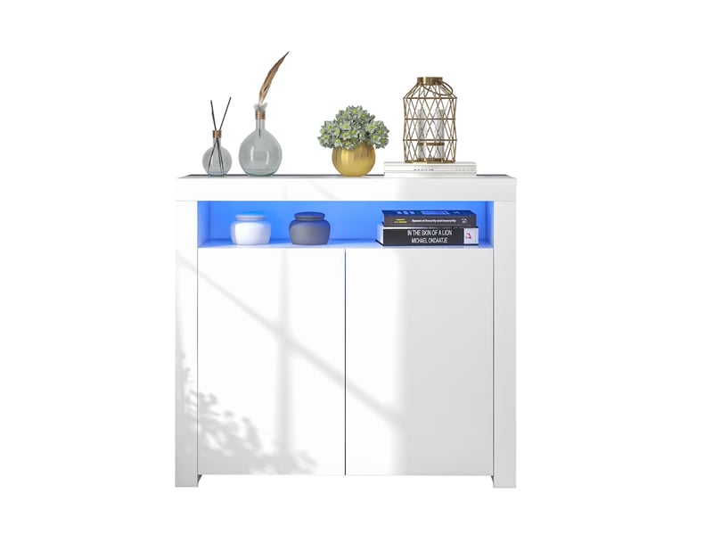  Buffet ulevr de rangement à 2 portes avec led et espace ouvert, 108 x 40 x 92 cm, blanc brillant, alimentation usb  - Conforama A