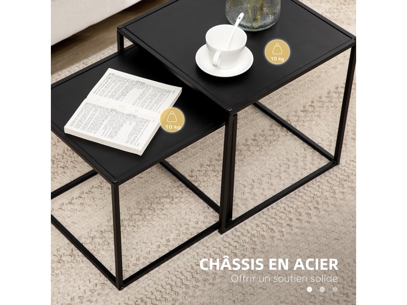  Lot de 2 tables basses gigognes carrées dim. 40 et 35 cm - style industriel en métal noir mat  - Conforama R