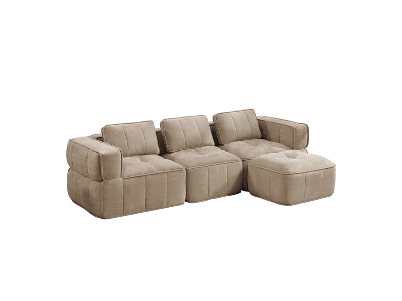 Canapé d'angle modulable 3 places avec pouf, en polyester sable - Conforama A