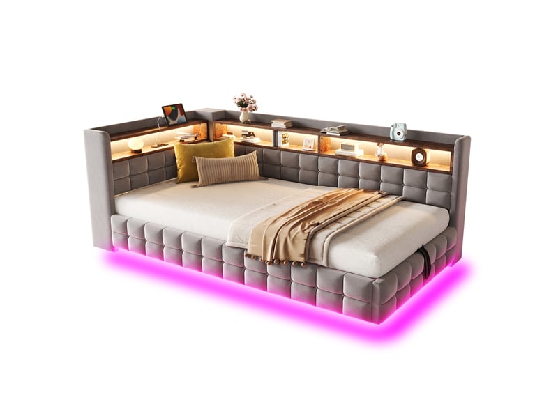  Lit coffre 90x200 cm, étagères en bois, velours, coloris gris clair, espace de stockage caché  - Conforama A