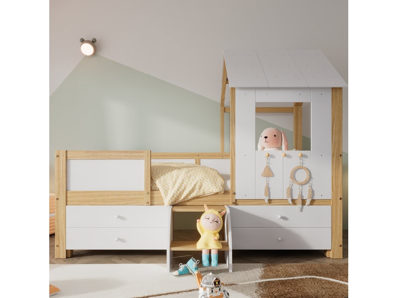 Lit enfant mi-hauteur 90x200 cm forme maison avec 4 tiroirs, blanc et naturel - Conforama D