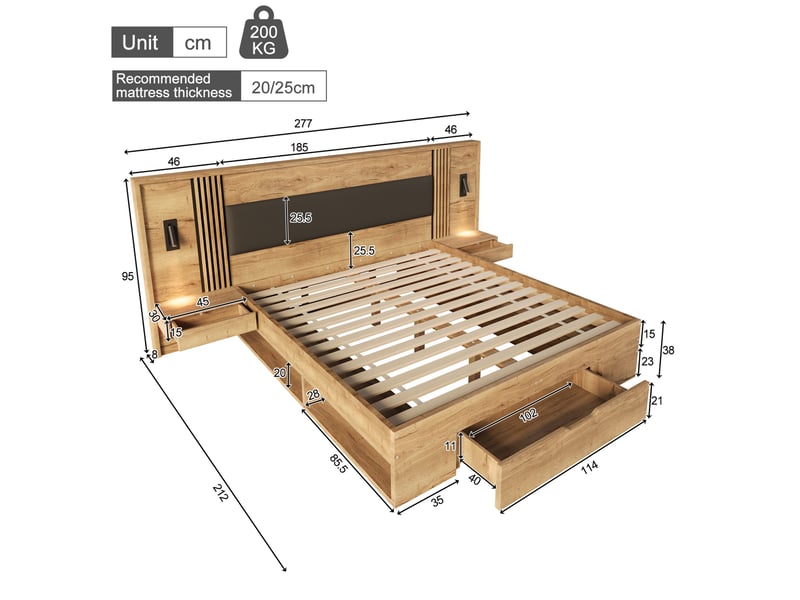  Lit double avec rangements 180x200 cm, lampes de lecture, mdf, coloris naturel  - Conforama C