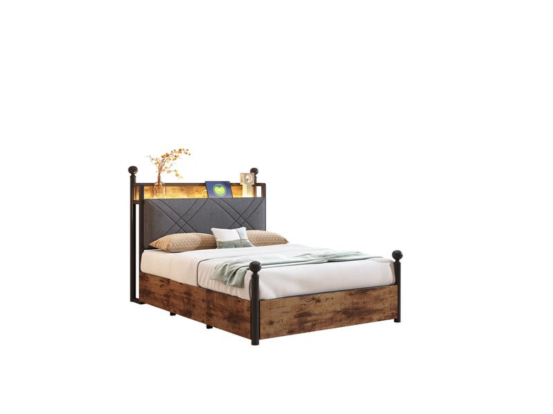 Lit simple 90x190 cm - lit avec rangement et led intégré, tiroirs et ports usbtype-c, métal noir, sans matelas - Conforama A