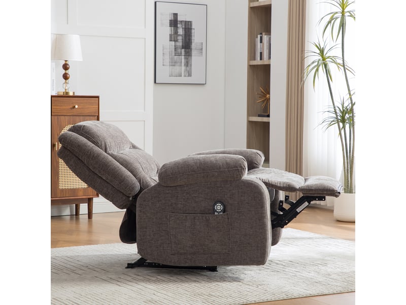 Fauteuil relax électrique avec massage et chauffage, tissu chenille gris, dossier et repose-pieds réglables pour le salon - Conforama D