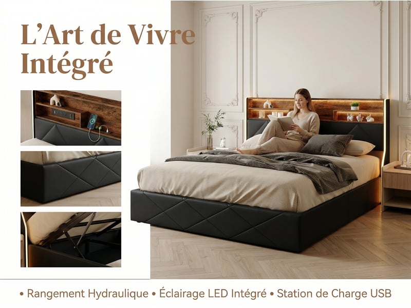  Lit coffre 160x200 cm - tissu lin gris avec led rgb, prises, étagère et rangement  - Conforama E