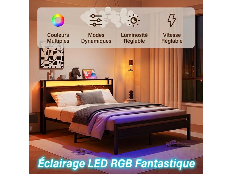 Lit 140x190 avec rangement cadre de lit en métal avec usb et led noir - Conforama D