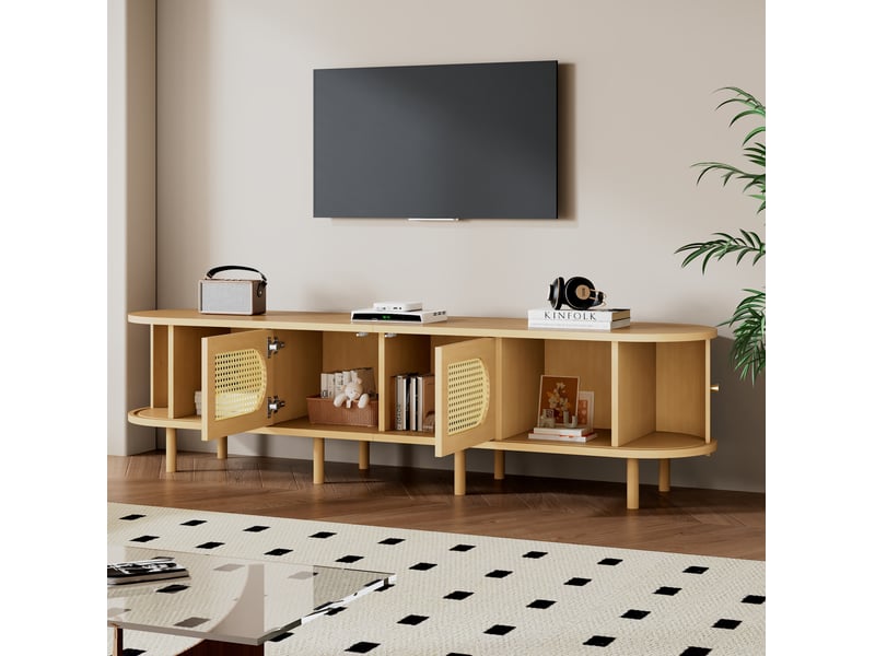  Meuble tv modenvie 180 x 40 x 40 cm en mdf naturel avec portes effet rotin  - Conforama D