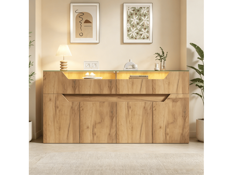 Buffet bas 140x40x70 cm naturel en mdf, 2 tiroirs, verre trempé et led - Conforama D