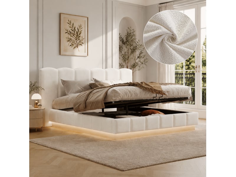  Lit coffre modenvie 180 x 200 cm avec led, sommier à lattes, tête de lit, tissu bouclé blanc  - Conforama E