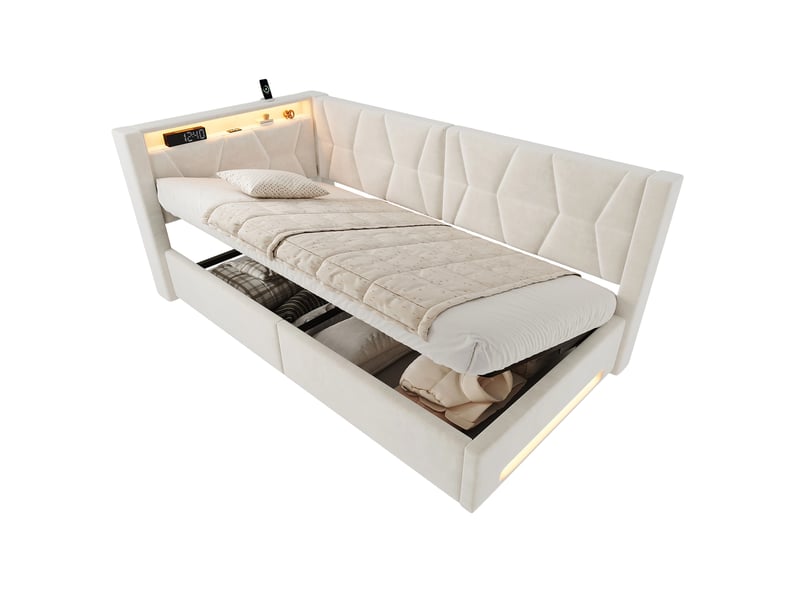  Lit banquette hydraulique 90x200 cm, led, usb-c, lit coffre rembourré, lit simple, éclairage tête et pied, velours, beige Seren Glow - Conforama A