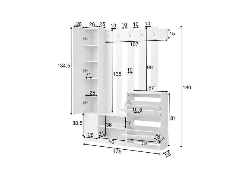  Vestiaire d'entrée compact, meuble d'entrée avec meuble à chaussures et miroir de couloir, portemanteau mural gain de place 135x25x180cm, blanc  - Conforama E