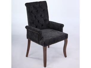 Chaise de salle à manger en chenille gris anthracite avec accoudoirs, dossier haut capitonné, pieds courbés en bois massif, style classique