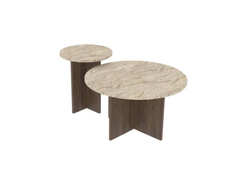  Ensemble de 2 tables basses rondes effet travertin et noyer travi  - Conforama A
