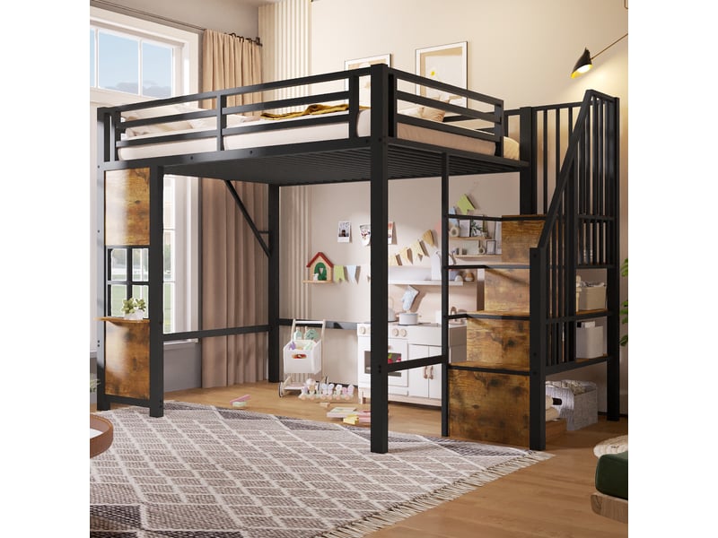  Lit mezzanine enfant 140x200cm avec échelle de rangement et fenêtre avec espace sous le lit, barrière, métal noir evarich - Conforama E